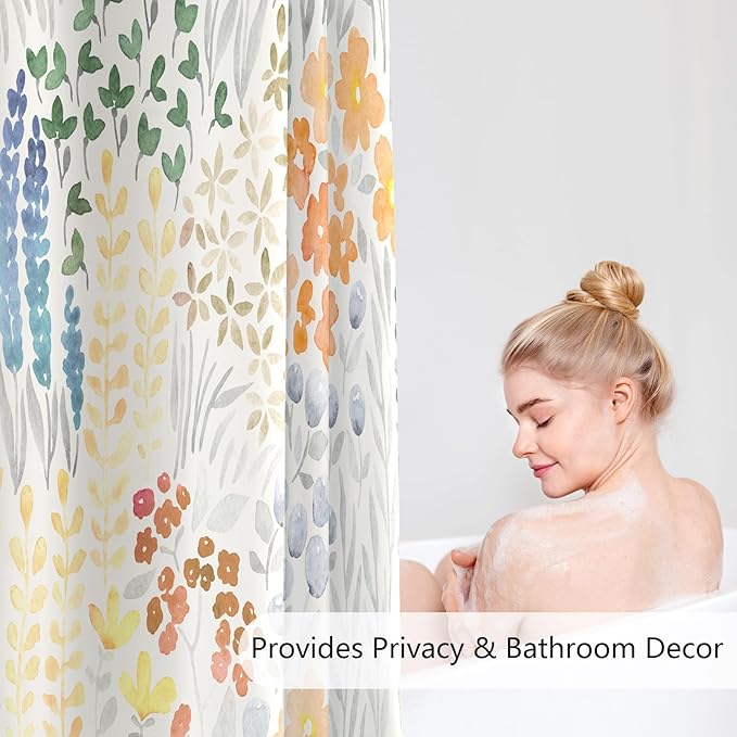 Extra Long Shower Curtain 72 x 84 Inch, Tall Cute Floral Shower Curtain for Bathroom, Orange Wildflower Boho Cottagecore Fabric Shower Curtain Set with Hooks