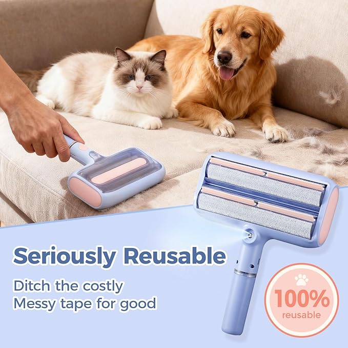 Upgraded Pet Hair Remover with Double Roller, Dual Trapping compartments with Spray Function, Reusable Lint Roller, Pet Hair Removal Tool, Cat and Dog Hair Remover for Furniture, Couch, Carpet, Car