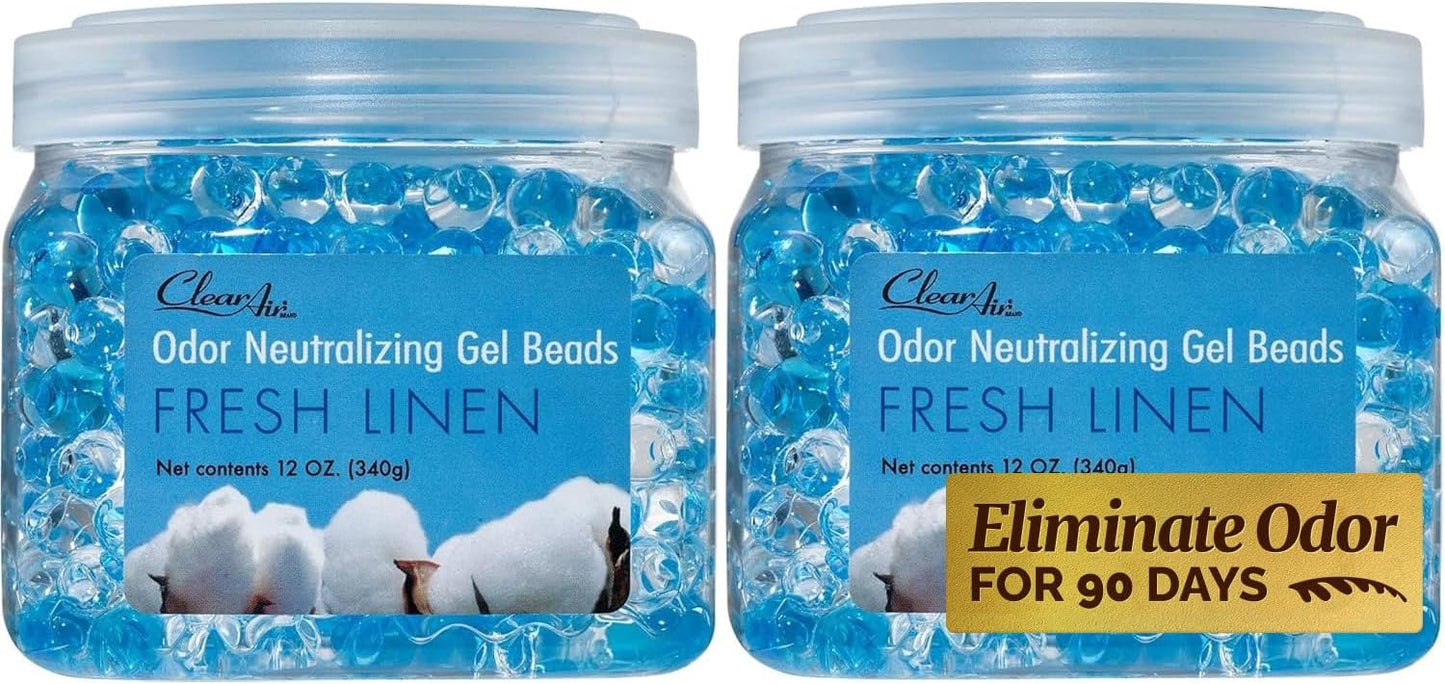 Clear Air Odor Eliminator Gel Beads - 12 oz, Pack of 2 - Air Freshener Made with Essential Oils - Eliminates Odors in Bathrooms, Cars, Boats, RVs & Pet Areas - Fresh Linen Scent