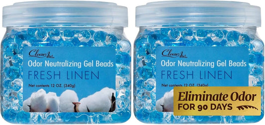 Clear Air Odor Eliminator Gel Beads - 12 oz, Pack of 2 - Air Freshener Made with Essential Oils - Eliminates Odors in Bathrooms, Cars, Boats, RVs & Pet Areas - Fresh Linen Scent