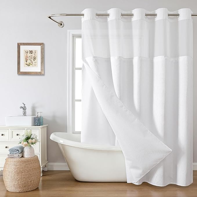 White No Hook Shower Curtain with Snap-in Fabric Liner Set,Waffle Weave Shower Curtains for Bathroom,Hotel Luxury Decor Bathroom Curtain Set,Waterproof & Washable,71Wx77H