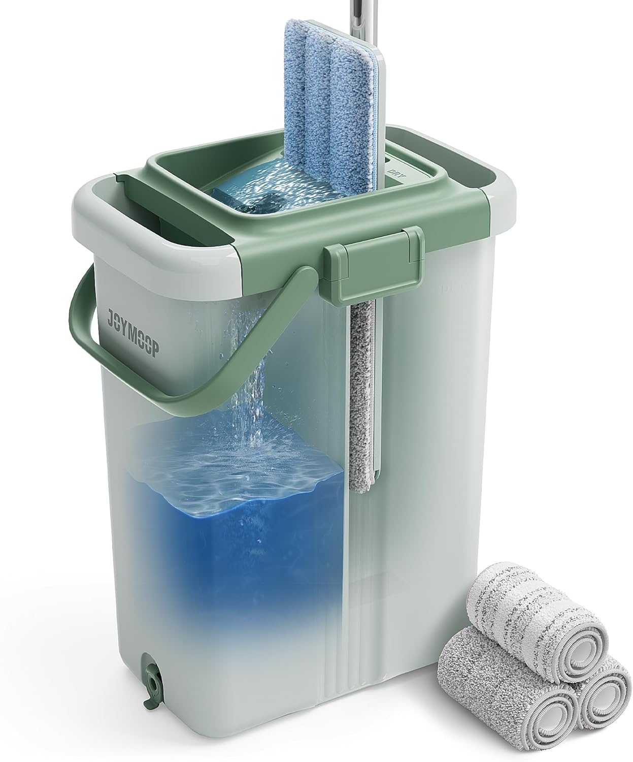 JOYMOOP Mop and Bucket with Wringer Set, Flat Squeeze Mop with Bucket (X-Large), Dust Mop for Wall Cleaner with Long Handle, Microfiber Mop - Green Bucket with 3 Reusable 15" Pads
