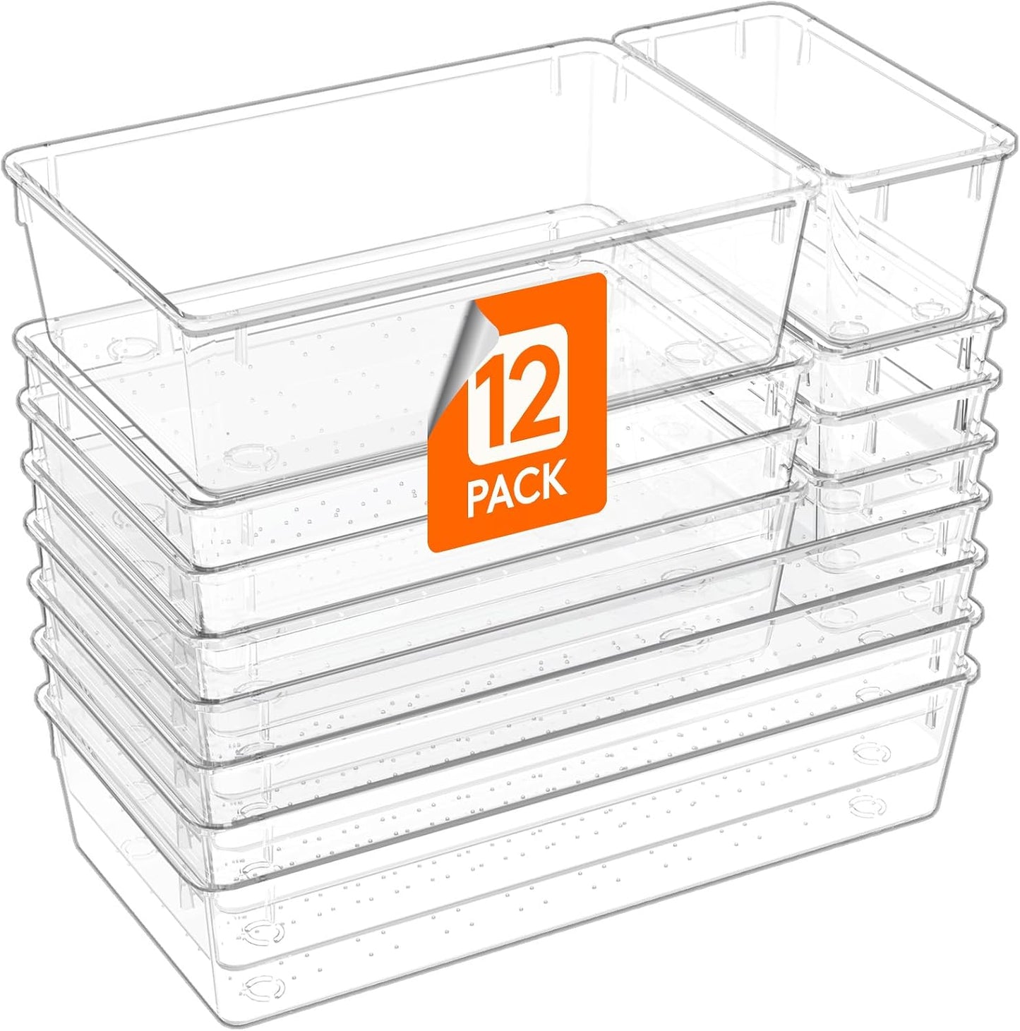 Lifewit 12 Pcs Large Bathroom Drawer Organizers, 3 Sizes Clear Plastic Storage Organizer Trays for Make Up, Kitchen Utensils, Vanity Accessories in Bathroom/Office/Dresser Organization