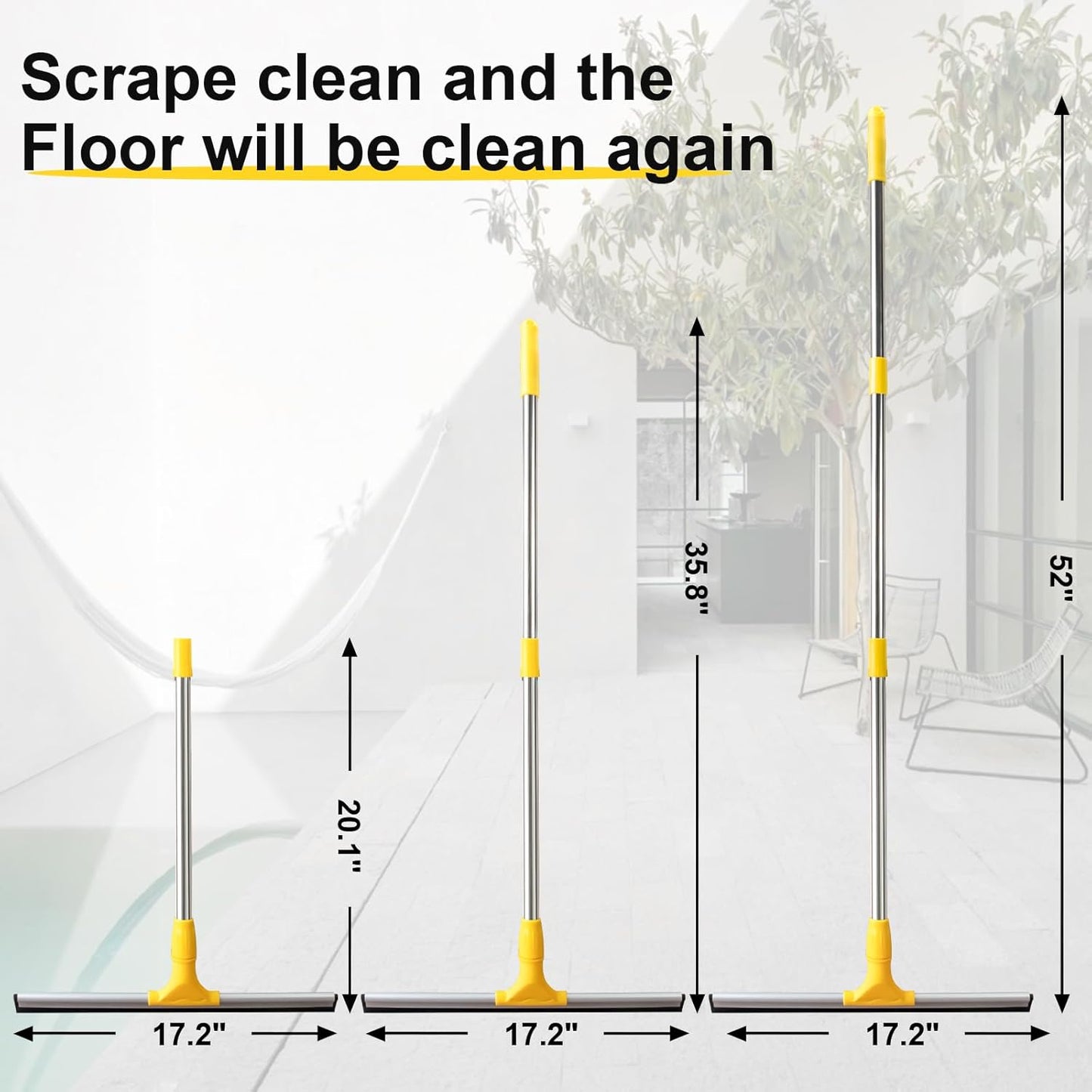 17.2"Professional Floor Scrubber Shower Squeegee,Rubber Silicone Broom with Long Stainless Steel Handle for Kitchen, Swimming Pool, Concrete Floors,Shower Tiles,Garages,Windows,Glass,Pet Hair Removal