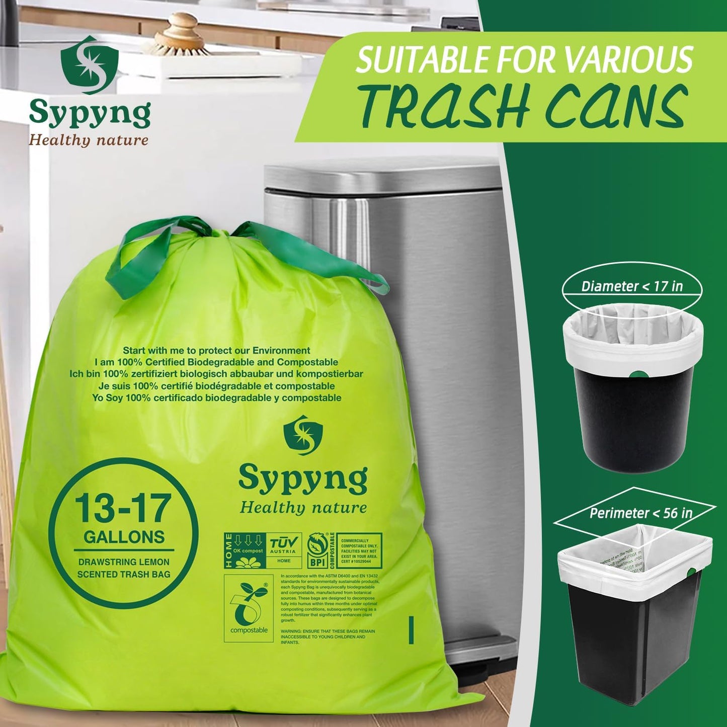 13-17 Gallon Compostable Trash Bags (50-Pack) Heavy-Duty & Durable, 1.1 Mil Thick | 100% Biodegradable for Large Bins | Certified ASTM D6400, BPI & OK Compost HOME, Eco-Friendly & Recyclable