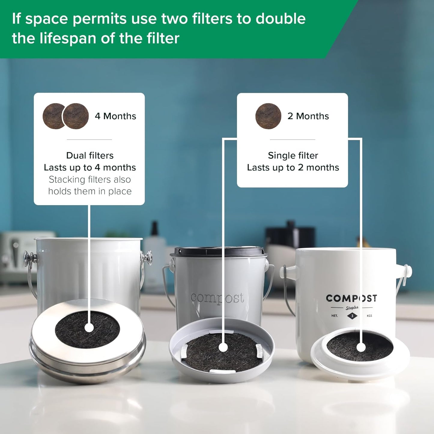 Biodegradable Natural Filter - 2 Years Supply for Kitchen Compost Bins - Longer Lasting Activated Charcoal - Universal Size Fits All Compost Bins up to 7.25" Filter Size - Replacement Set of 12