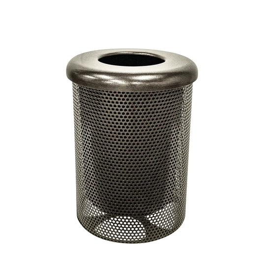 COATEDOUTDOORFURNITURE 32-Gallon Heavy-Duty Punched Steel Round Trash Receptacle, Commercial Outdoor Waste Bin with Liner & Black Flat Top Lid – Made in America (Textured Gold Vein)