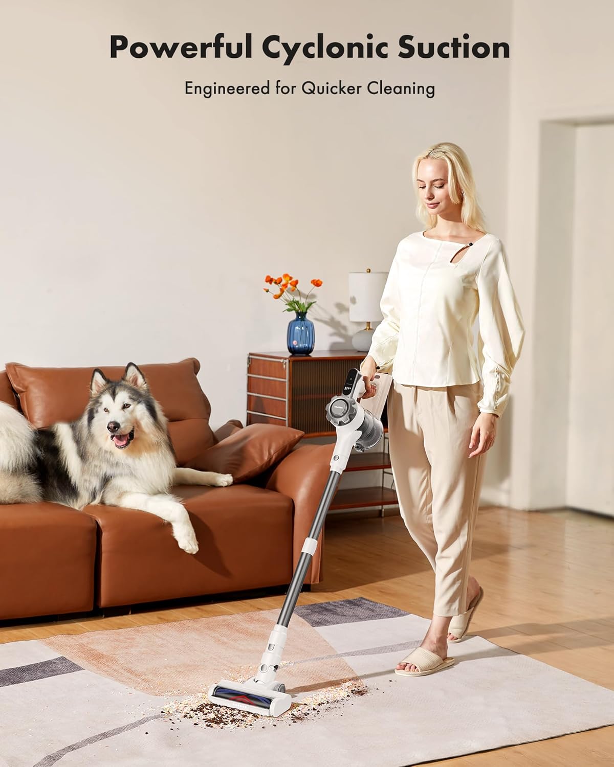 Trucozie Cordless Vacuum Cleaner, 8-in-1 Lightweight Stick Vacuum with 45mins Runtime, Powerful Suction, Rechargeable Cordless Vacuum for Carpet, Tile, Pet Hair, Hardwood Floors, White