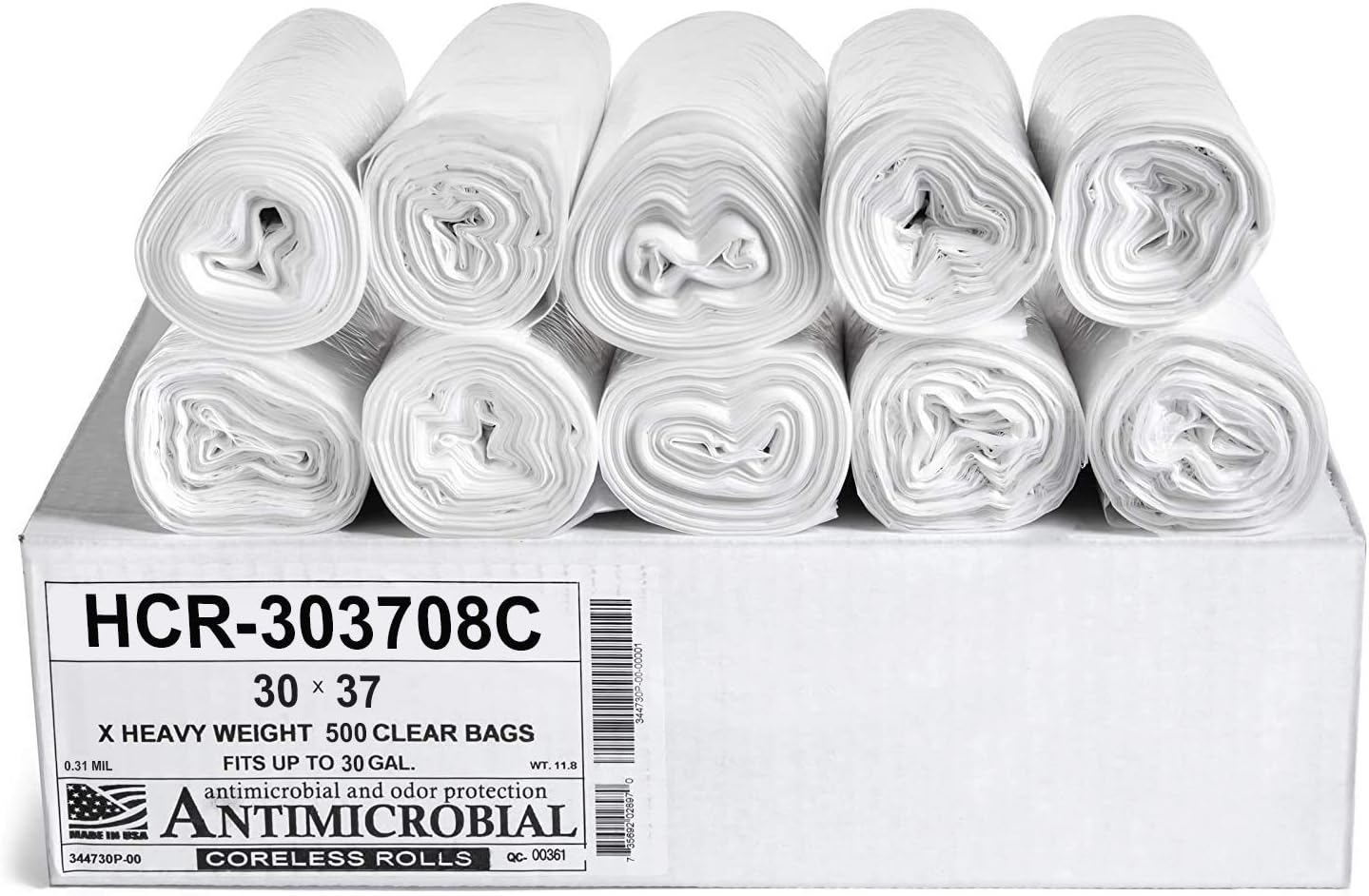 Aluf Plastics HCR-303708C High Density Star Sealed Coreless Roll Bags, 30 gal, Polyethylene, 30" x 37", Clear (1 Pallet of 100 Packs, 50000 Count Total)
