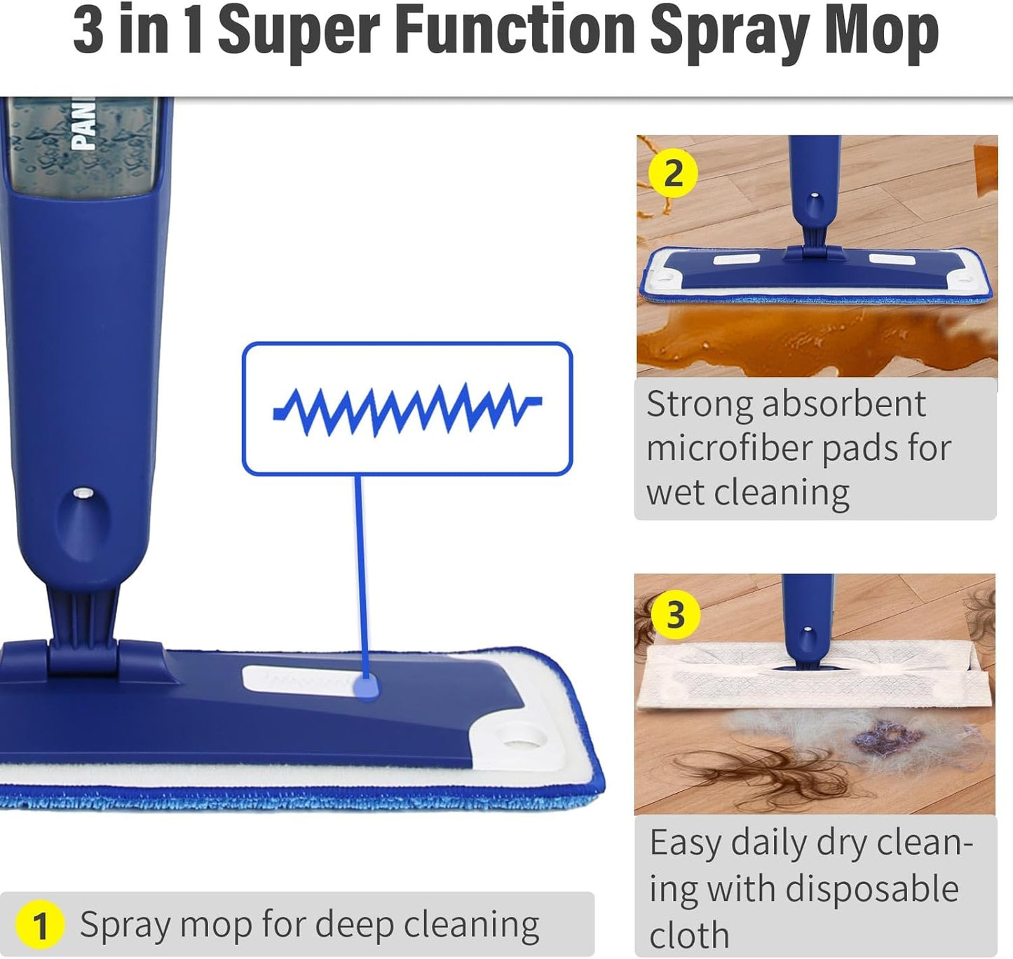 Mop for Multi-Purpose Floor Premium Spray Mop, 18 inch Professional Hardwood Wet and Dry Cleaning Mops with 3 Resuable Pads and Refilled Bottle, Blue