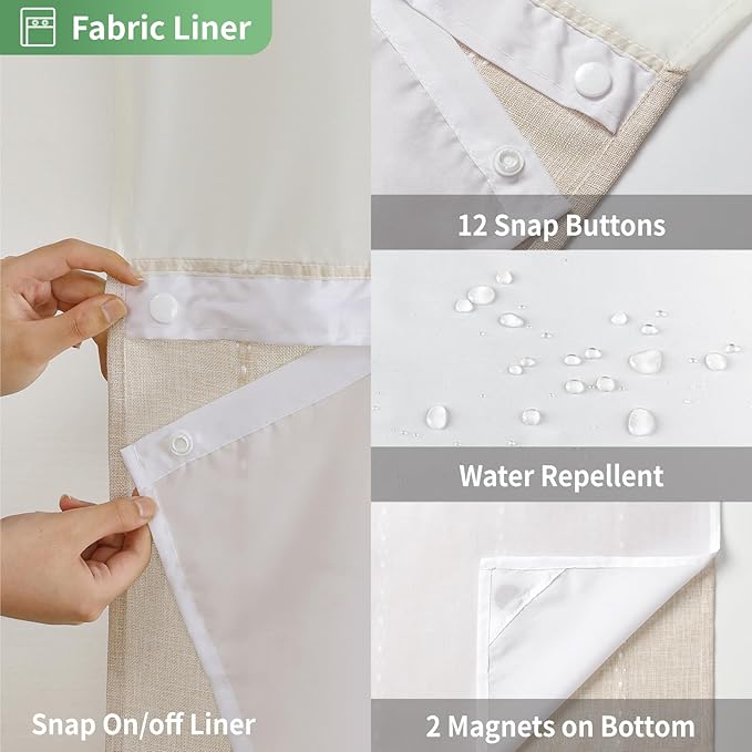 Boho Farmhouse No Hook Shower Curtain Set with Snap-in Fabric Liner,Heavy-Duty Linen Textured Rustic Striped Design,Water-Repellent with Tassels and Sheer Window,Cream/Beige,71x74