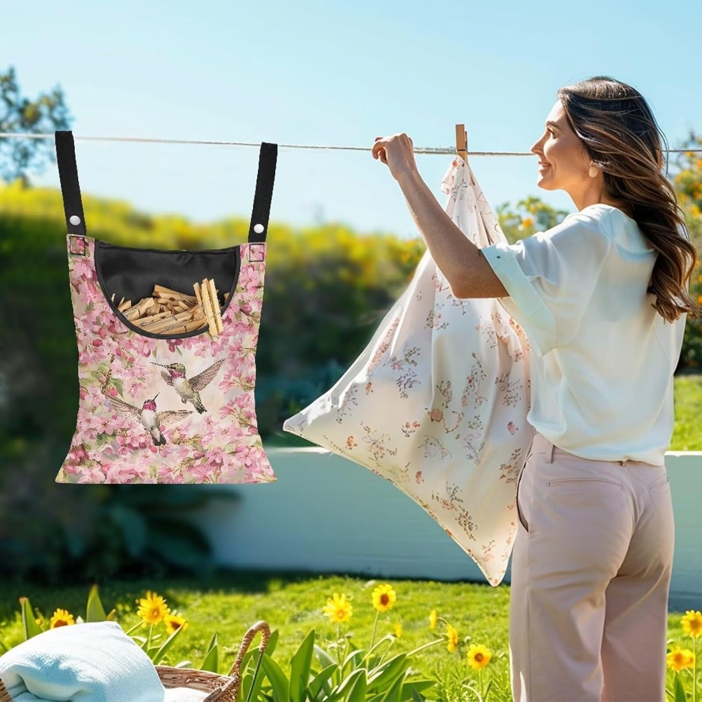 Hummingbird and Cherry Blossom Clothespin Storage Bag, Space-Saving Organize Clothespin Bag with A Large Opening for Clothesline Outdoor