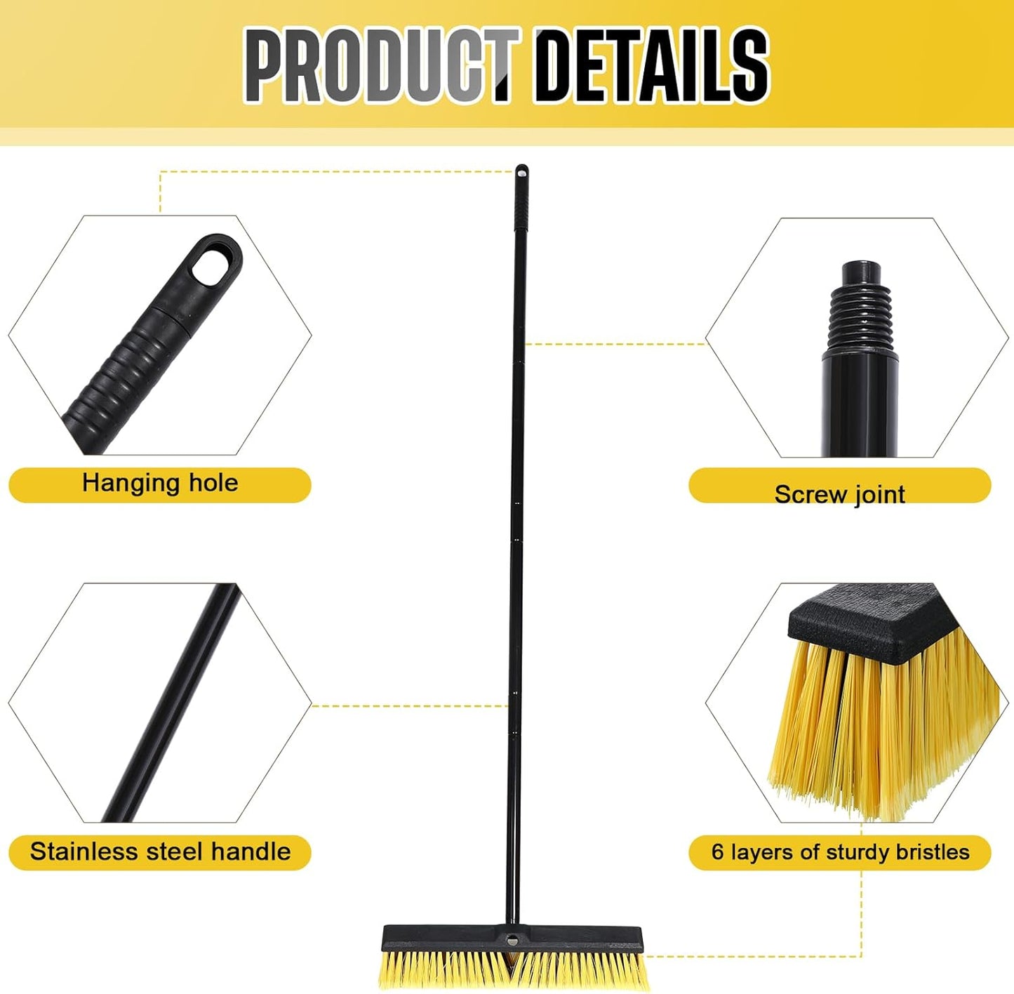 Zhehao 6 Pack 18 Inches Push Broom Outdoor, Multi Surface Garden Brush Broom with Adjustable 63" Long Handle for Deck, Driveway, Patio, Warehouse, Garage, Yard, Concrete Floor Cleaning