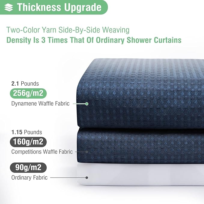 Dynamene Stall Fabric Shower Curtain - 60 x 84 inch Long Waffle Weave Weighted Thick Cloth Shower Curtain for Bathroom, Neutral Heavy Duty Hotel Spa Luxury Bath Curtain Set with 10 Hook, Navy Blue