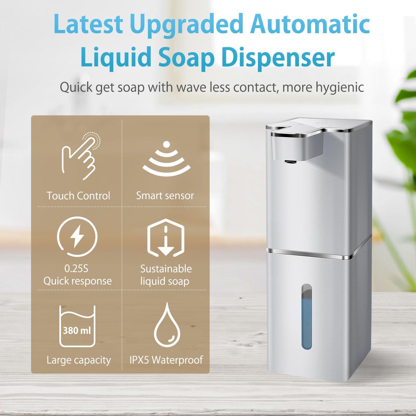 Automatic Liquid Soap Dispenser Touchless Soap Dispenser 380ml/12.8oz Rechargeable, Wall Mounted,4 Levels Adjustable Auto Soap Pump for Bathroom Kitchen Dish Soap