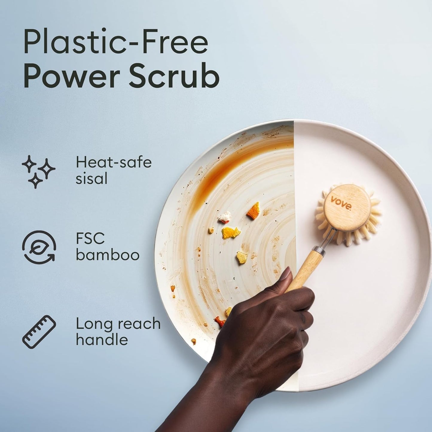 Vove Bamboo Dish Brush, FSC-Certified - Includes 3 Replacement Heads - Natural Fiber Bristles - Non-Toxic, Plastic-Free - Scrub Brush for Pots, Pans & Dishes