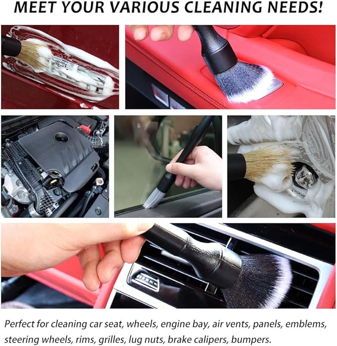 Car Detailing Brush Kit - 3 Pack, Auto Boar Hair Detail Brush Set Automotive Interior Exterior No Scratch Microfiber Detailing Brushes for Cleaning Air Vents, Engine Bays, Dashboard & Wheels