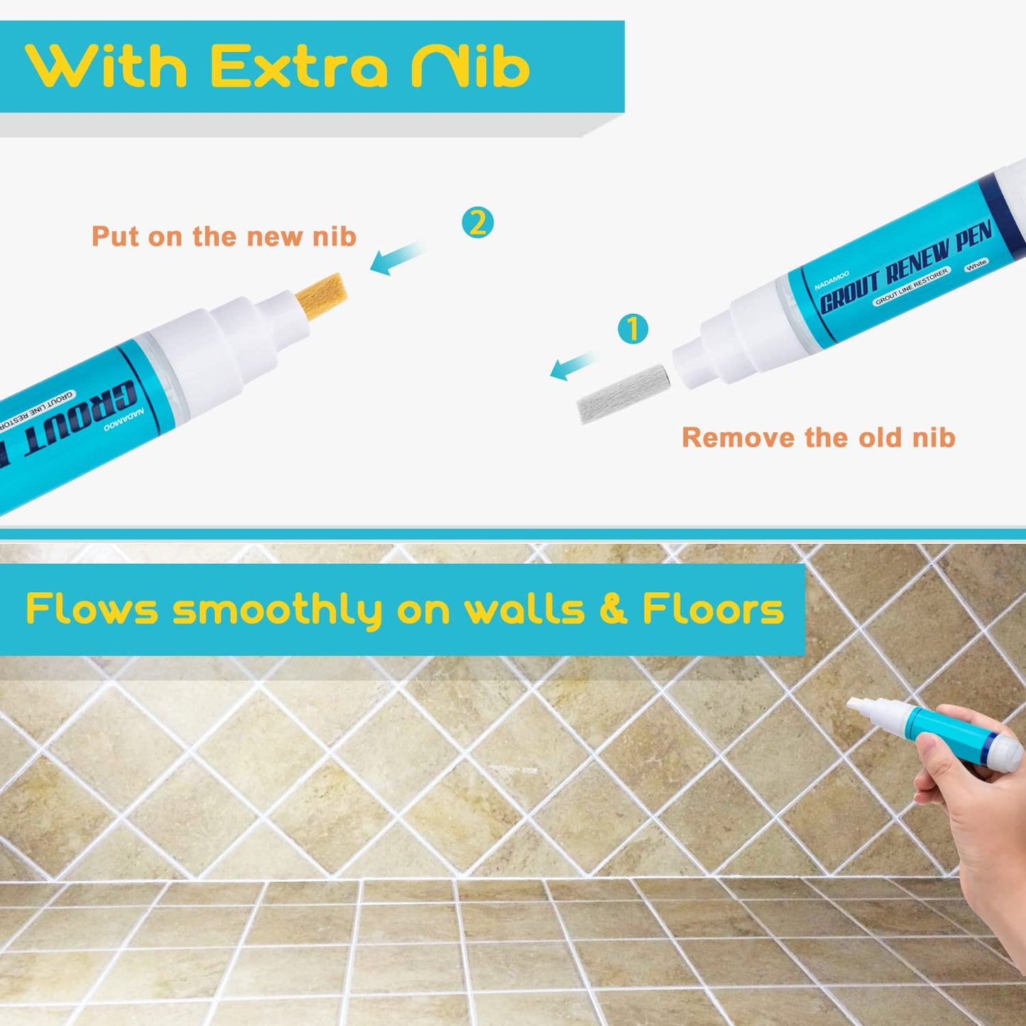 NADAMOO Grout Renew Pen White, 2 Large 20ml Paint Pens, Touch Up Repair Marker for Tile Gap Coating - Restore Grout Line, With 2 Replacement Nibs and 1 Cleaning Brush