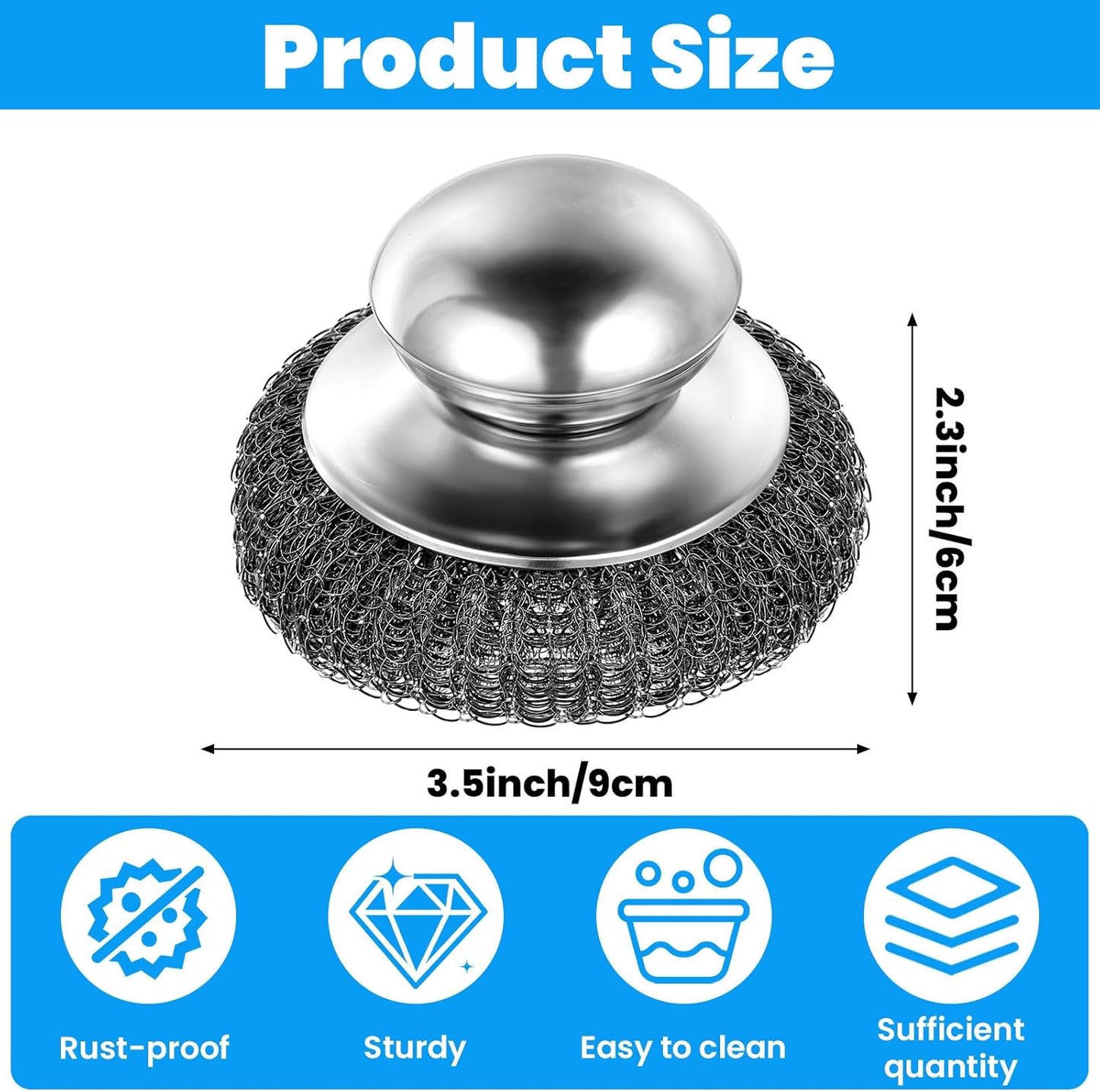 4 Pcs Steel Wool Scrubber with Handle Heavy Duty Metal Pot Scrubber Brush 16 Pcs Stainless Wool for Cleaning Dishes Pans Steel Scouring Pad for Kitchen Cast Iron Sink Griddles Grills