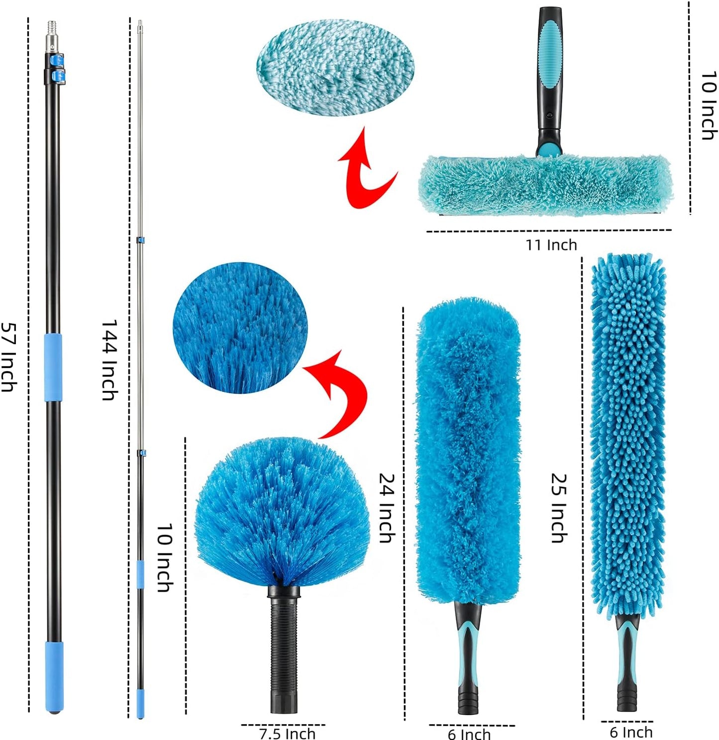 20 Foot High Ceiling Fan Duster with 5-12 Foot Extension Pole, Extendable Reusable Cobweb, Feather, Window Cleaning Squeegee Kit Blue