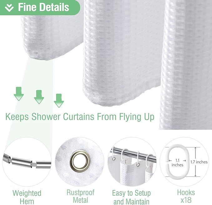 Dynamene Extra Wide Shower Curtain-108 Inch Wide Waffle Weave Weighted Thick Cloth Bathroom Shower Curtain, Neutral Heavy Duty Hotel Bath Curtain Set with 18 Plastic Hooks,108x72, White