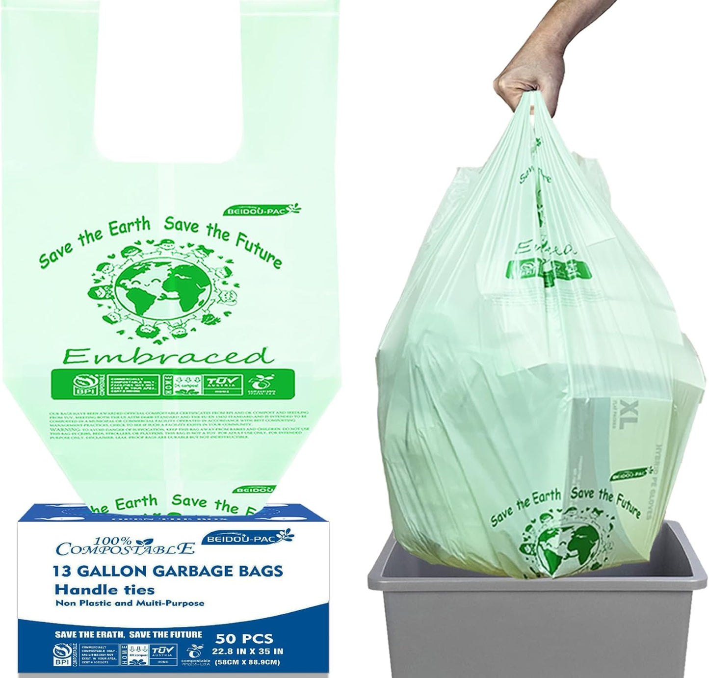 13 Gallon Compostable Tall Kitchen Trash Bags with Handle, 50 Count, Sturdy Biodegradable Garbage Bags for Food Scrap Waste, ASTM D6400, US BPI Certified