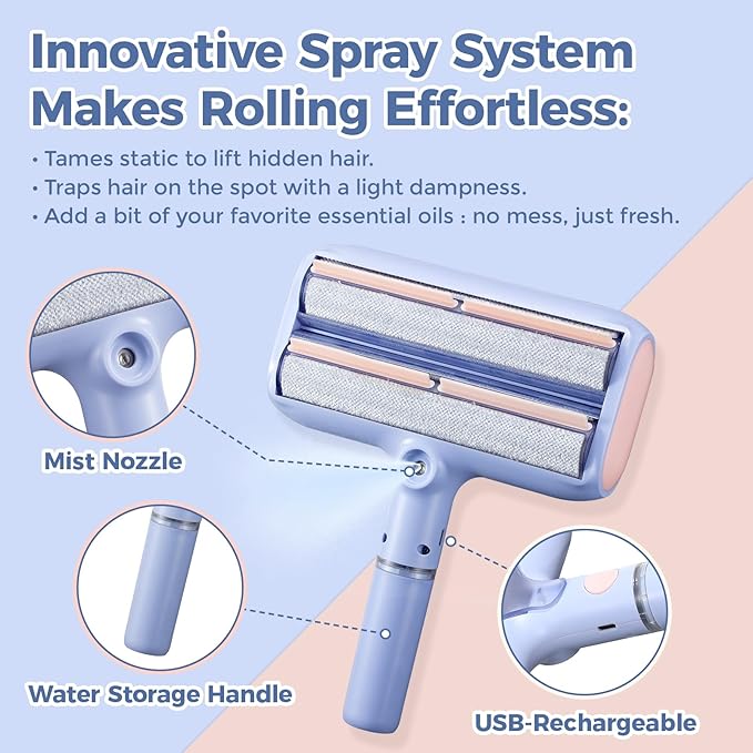 Upgraded Pet Hair Remover with Double Roller, Dual Trapping compartments with Spray Function, Reusable Lint Roller, Pet Hair Removal Tool, Cat and Dog Hair Remover for Furniture, Couch, Carpet, Car