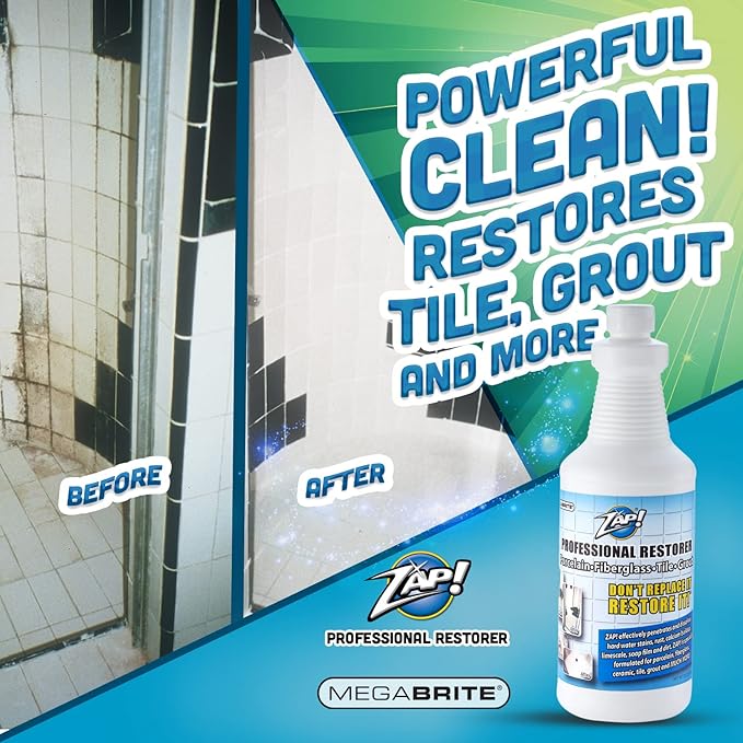 ZAP! Professional Tile & Grout Restorer | Cleans & Restores Porcelain, Fiberglass, Tile, & Grout Surfaces | Rust & Hard Water Remover | Kitchens & Bathroom Porcelain Sinks, Toilets, & Tubs