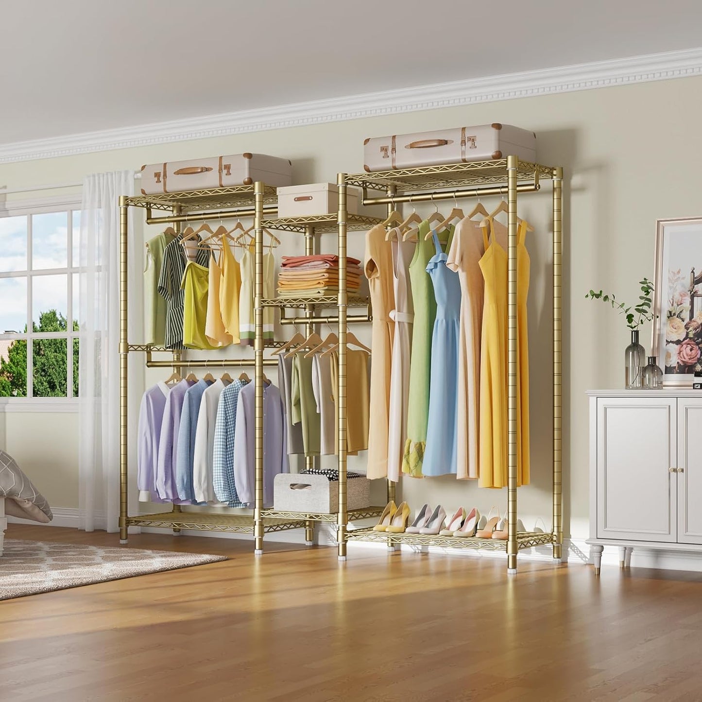 VIPEK Classic V6 Wire Garment Rack Heavy Duty Clothes Rack with 7 Adjustable Shelves & 4 Hanging Rods, Compact DIY Metal Clothing Racks 68.9" L x 15.7" W x 76.4" H, Max Load 840LBS, Gold