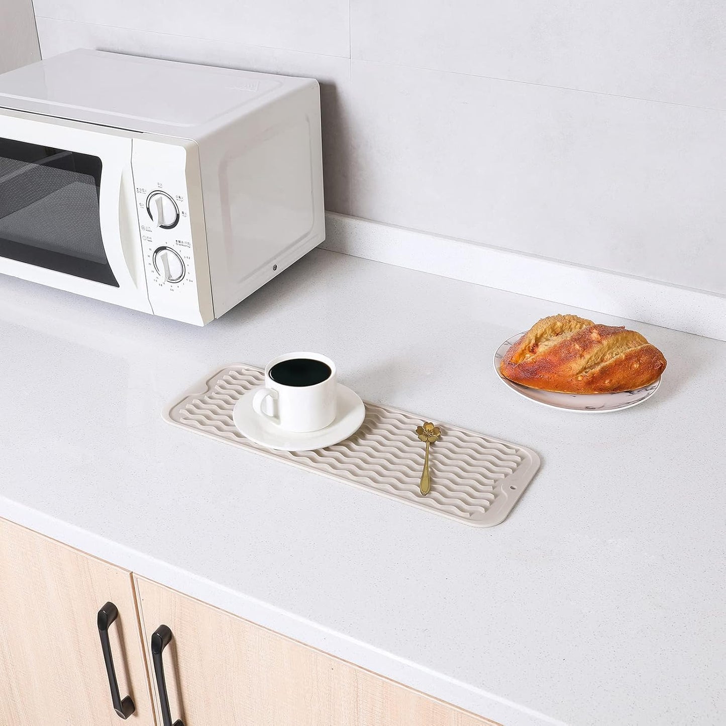 Silicone Dish Drying Mat for Multiple Usage,Easy clean,Eco-friendly,Heat-resistant Silicone Mat for Kitchen Counter,Sink,Bar,Bottle,or Cup Tapioca M 17 inches x 6 inches