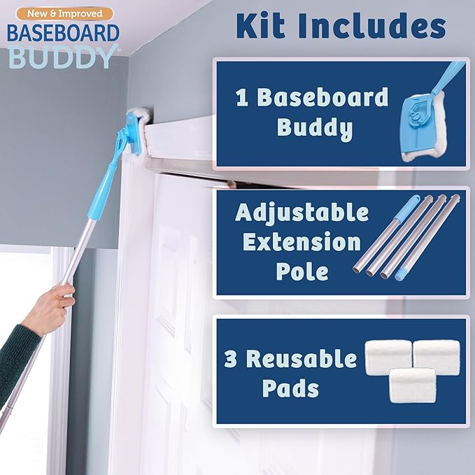 Baseboard Buddy | Lightweight Home Cleaning Essential, Perfect for Baseboards, Moldings & Walls, Glide & Wipe Trapping & Locking Dirt & Dust | As Seen on TV, (1 3 Reusable Pads)