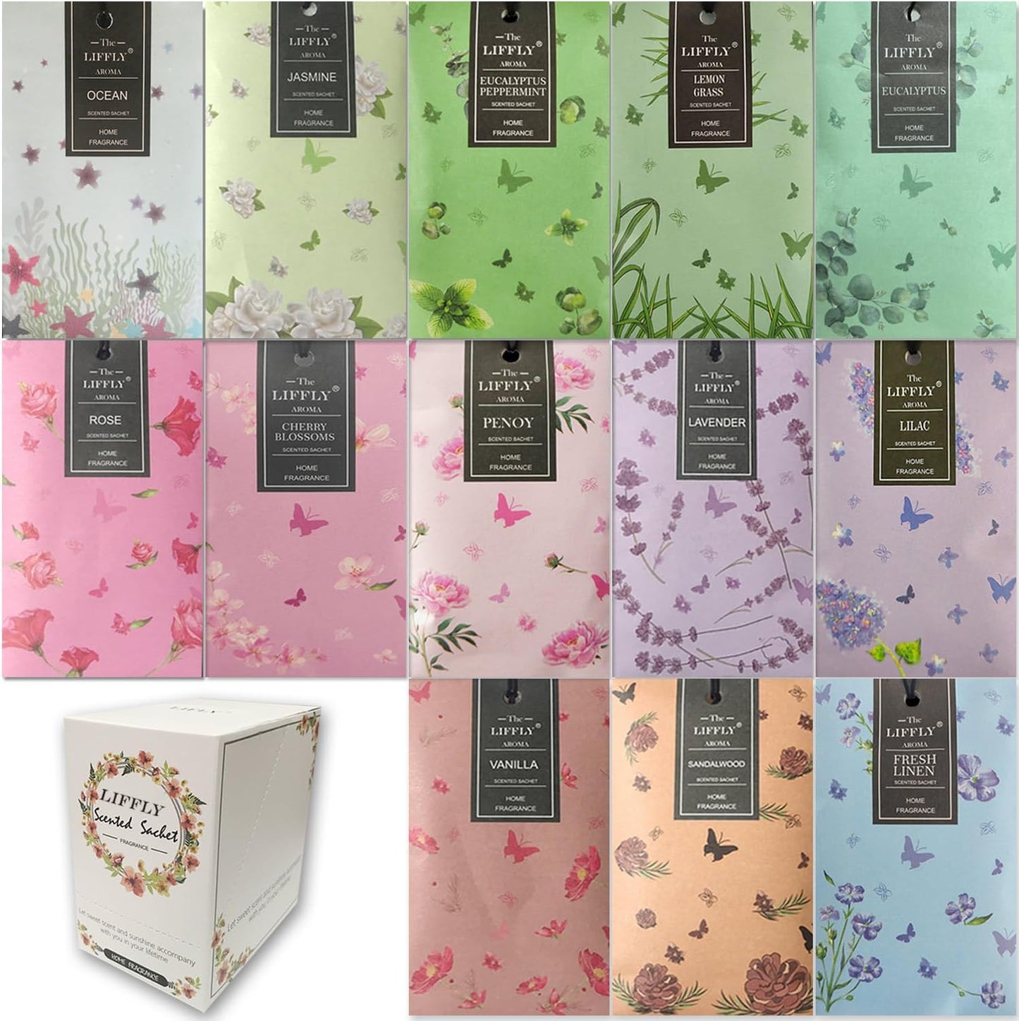 13 Scents Scented Sachets for Drawers and Closets 14 Packs Lavender Rose Jasmine Ocean Vanilla Sandalwood Fresh Linen Cherry Blossoms Lilac Eucalyptus Peppermint Lemongrass Peony Gift Box