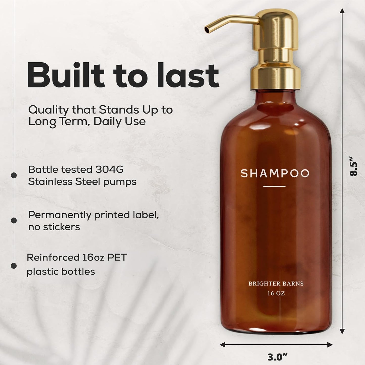 Luxury Shampoo and Conditioner Dispenser Set by Brighter Barns - Empty Shampoo Bottles Refillable with Gold Pump - Plastic Shower Soap Dispenser for Modern Bathroom Decor in Airbnb, Spa (Amber Gold)