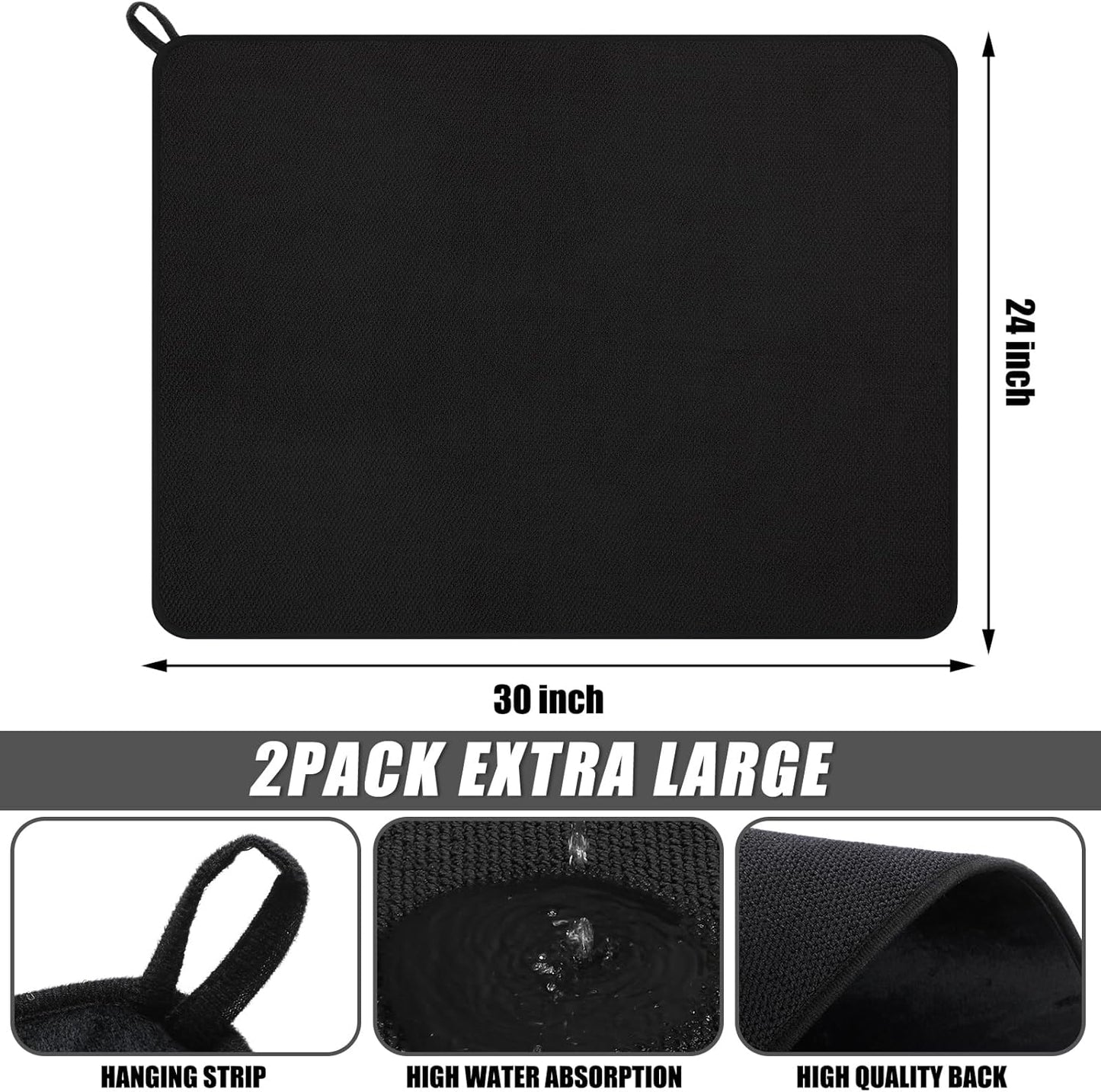 Hushee 2 Pack Extra Large Dish Drying Mat Microfiber Absorbent Dish Drying Pad Large Size Dishes Drainer Mats for Countertop, Sink, Refrigerator or Dryer (30 x 24 Inch,Black)