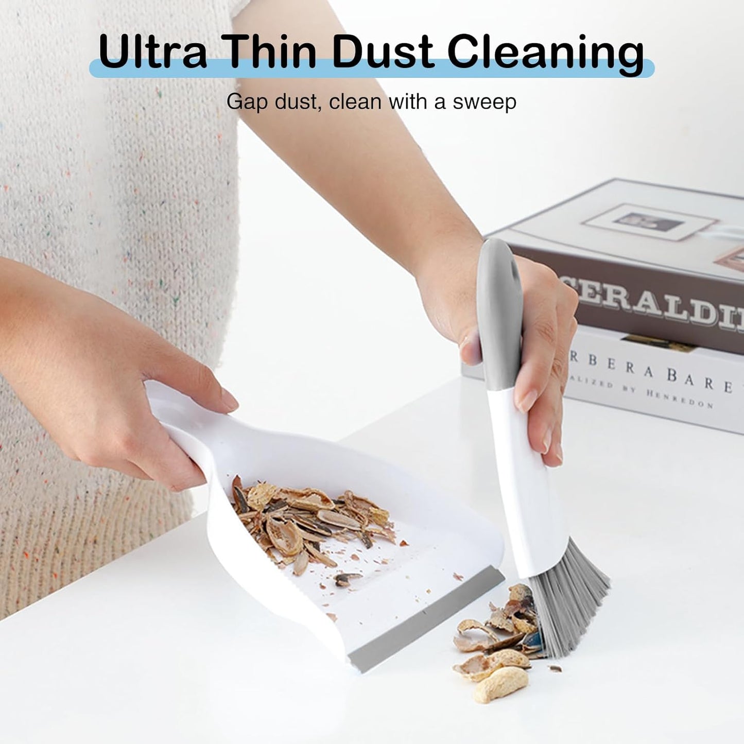 NACENA Mini Dustpan and Brush Set, Small Broom and Dustpan Set Dust Pan and Mini Hand Broom Dustpan and Broom Combo Compact for Home Table Keyboards Sofa Kitchen Pets, White & Gray