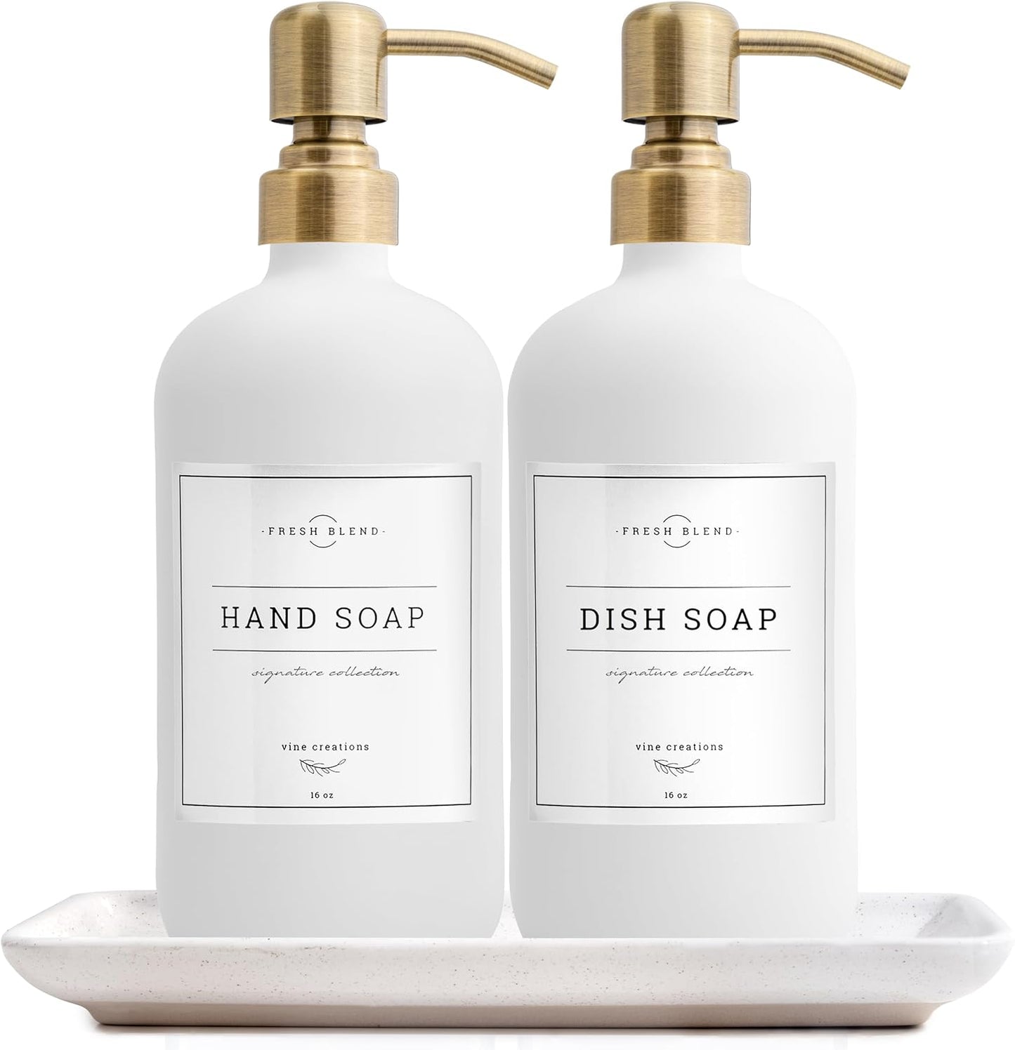 Vine Creations Glass Soap Dispenser, 2 Pack Kitchen Soap Dispenser Set with Ceramic Tray, Stainless Steel Pump, Dish Soap and Hand Soap Dispensers for Bathroom or Kitchen Decor with Waterproof Labels