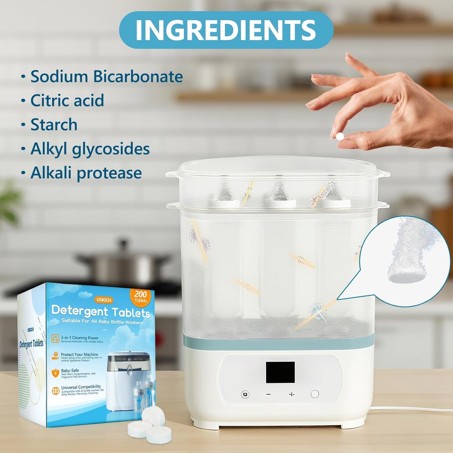 200Pcs Detergent Washing Tablets for Momcozy,Deep Cleaning Baby Brezza Bottle Washer,Compatible with All Brands Baby Bottle Washers