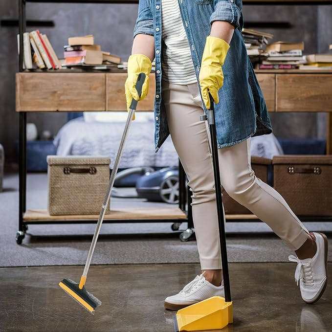 Upgraded Dual-Sided Bathroom Floor Scrub Brush with Long Handle, Tile and Grout Cleaning Brush for Shower and Corner Floors, Yellow-Green Non-Scratch Scrubber for Hard-to-Reach