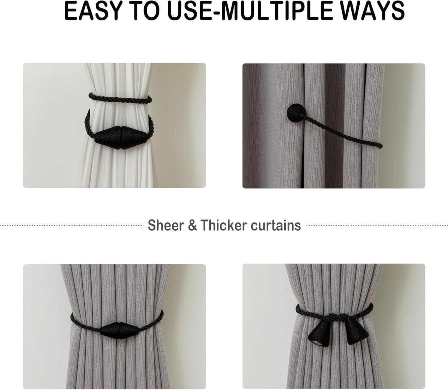 Magnetic Curtain Tiebacks 6 Pack Outdoor Rope Curtain Tie Backs Decorative Window Treatment Holdbacks for Home Decorative Curtain, Black