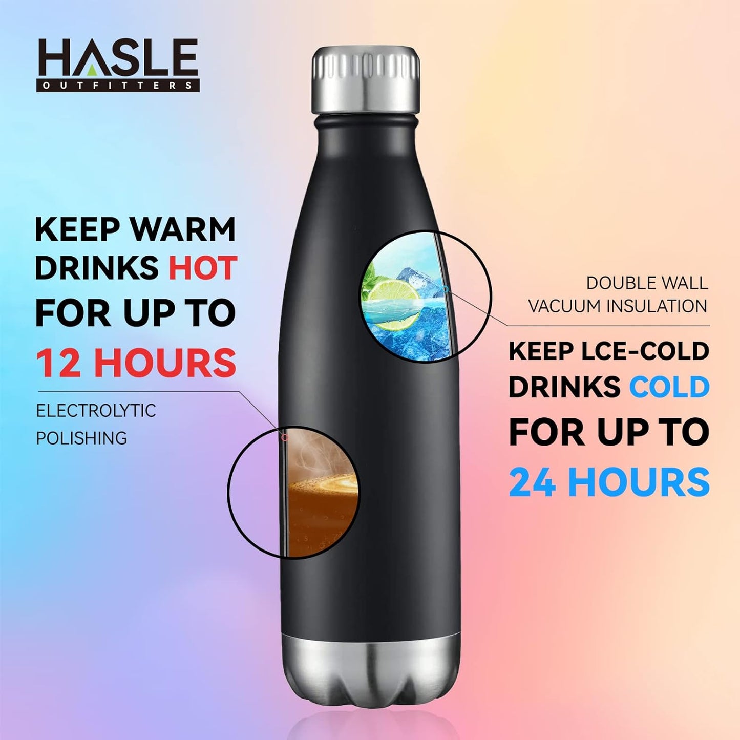 HASLE OUTFITTERS 17oz Stainless Steel Water Bottles Bulk, Vacuum Insulated Water Bottles Double Walled Reusable Metal Sports Water Bottles Keep Drinks Hot and Cold, Black, 4Packs