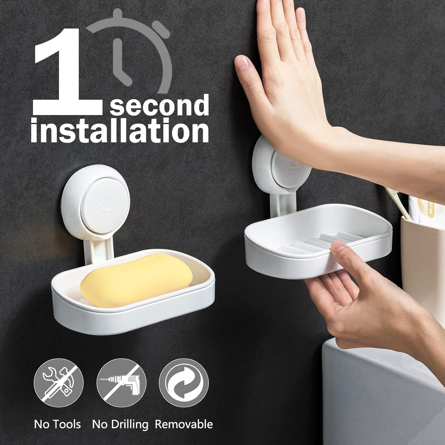 LEVERLOC Soap Holder Suction Cup for Shower, 2 Pack Bar Soap Dish Holder for Shower Wall Mounted NO-Drilling, Plastic Self Draining Removable Vacuum Suction for Bathroom Bathtub Sink