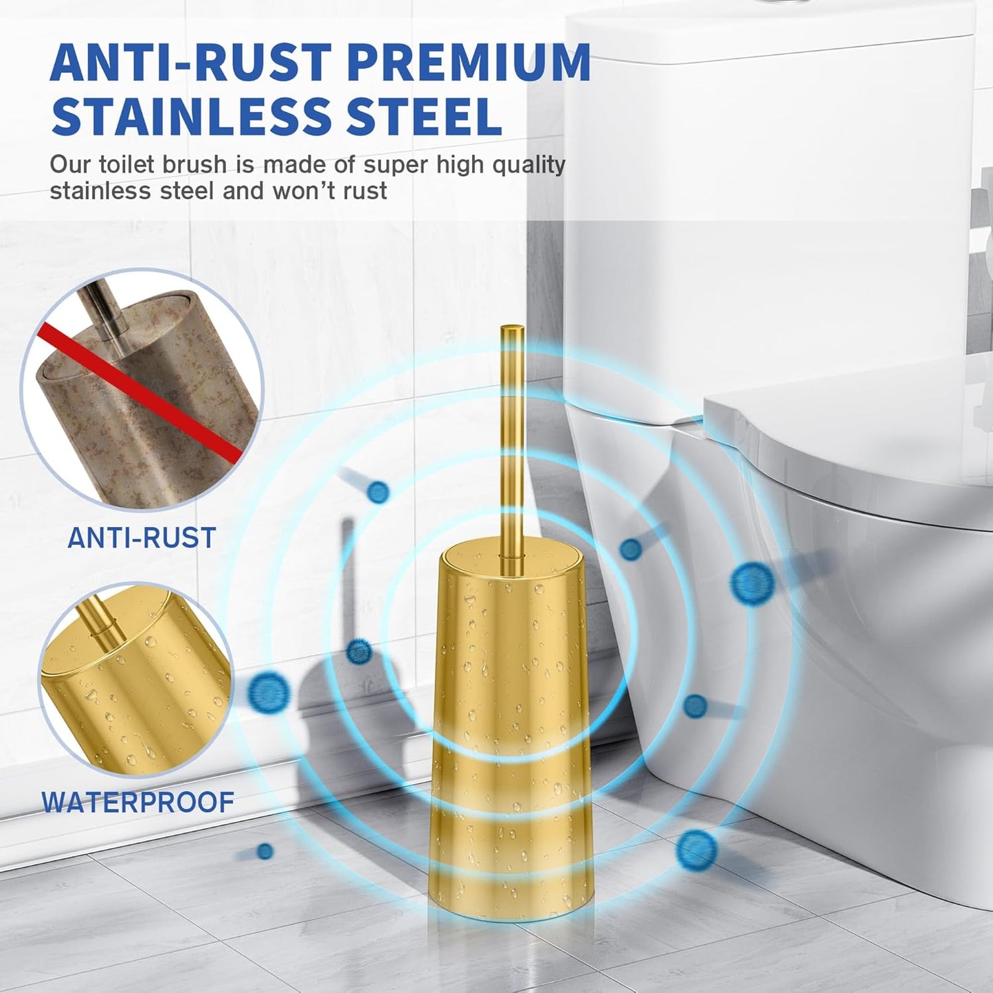 Toilet Brush and Holder, 2 Pack Toilet Brush Stainless Steel, Toilet Bowl Brush for Bathroom Toilet-Ergonomic, Elegant,Durable (Gold)