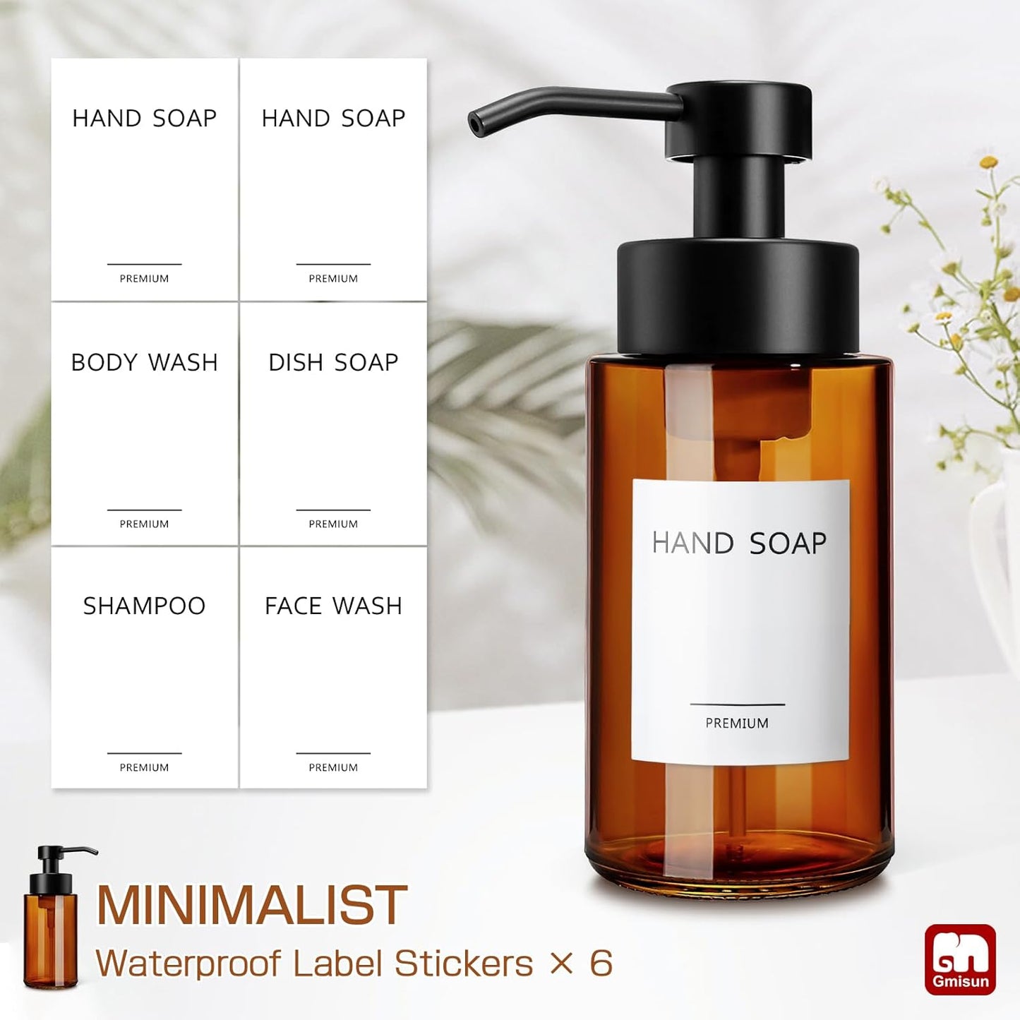 GMISUN Glass Foaming Soap Dispenser, 10 Fl oz / 300ml Amber Glass Soap Dispenser for Bathroom & Kitchen, 2 Pack Modern Refillable Foam Hand Soap Dispensers, Bathroom Hand Soap Dispensers with Labels