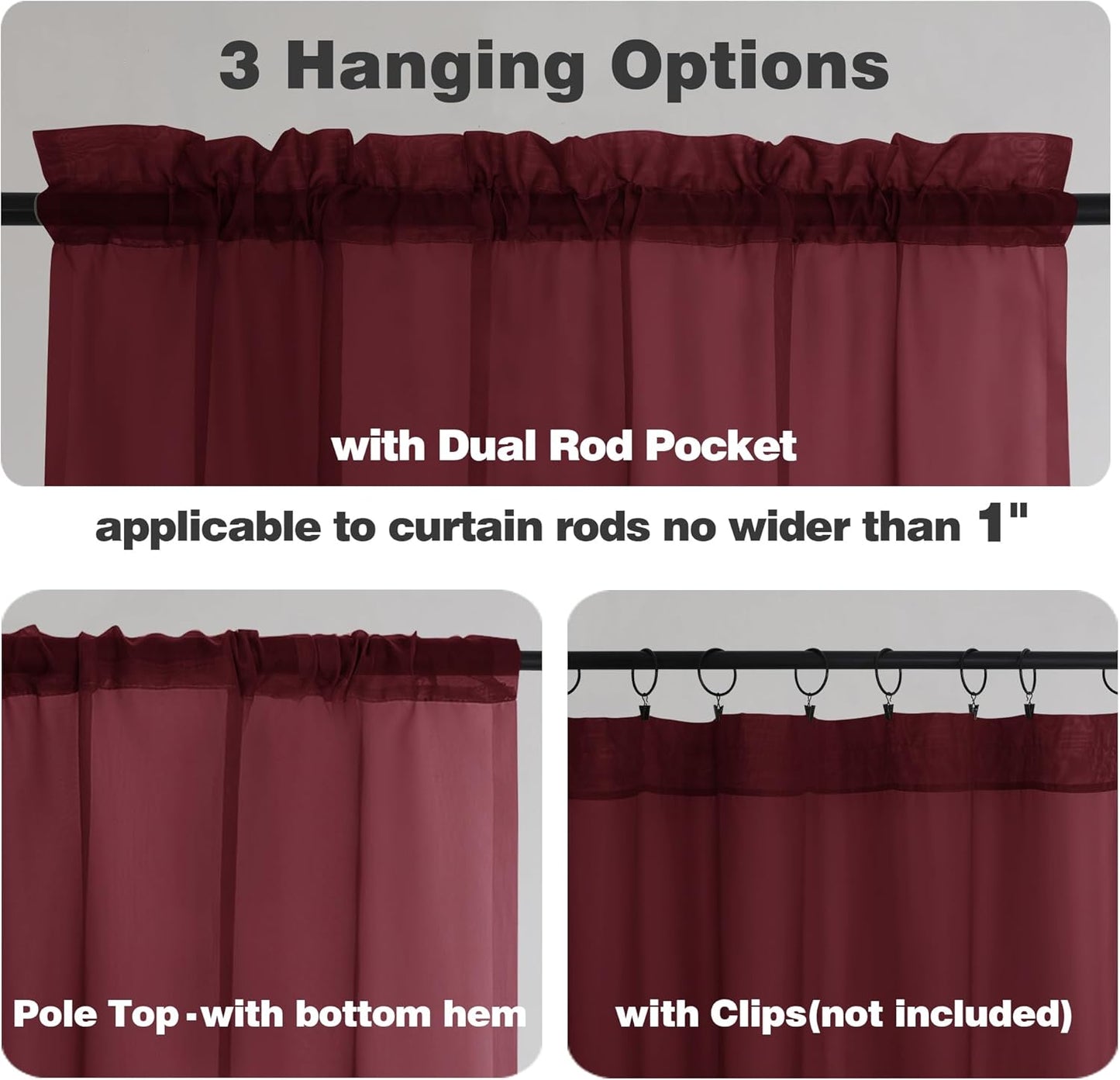 Chyhomenyc Burgundy Sheer Curtains 84 Inches Long 2 Panels Set, Light Filtering Voile Window Drapes for Bedroom Living Room, 42Wx84L Inch, Burgundy, 2PCS