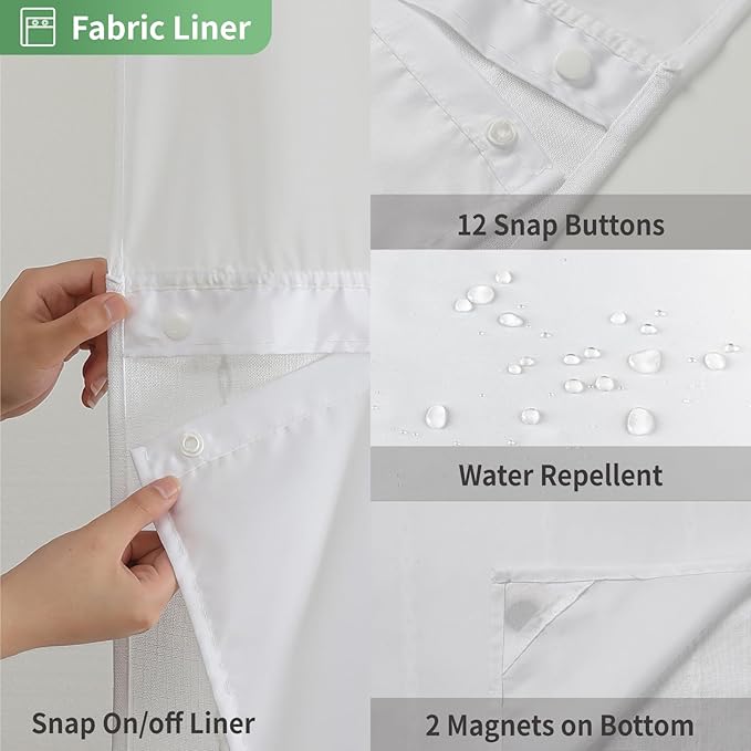White Farmhouse No Hook Shower Curtain Set with Snap-in Fabric Liner,Boho Heavy-Duty Linen Textured Rustic Striped Design,Water-Repellent with Tassels and Sheer Window,71x74