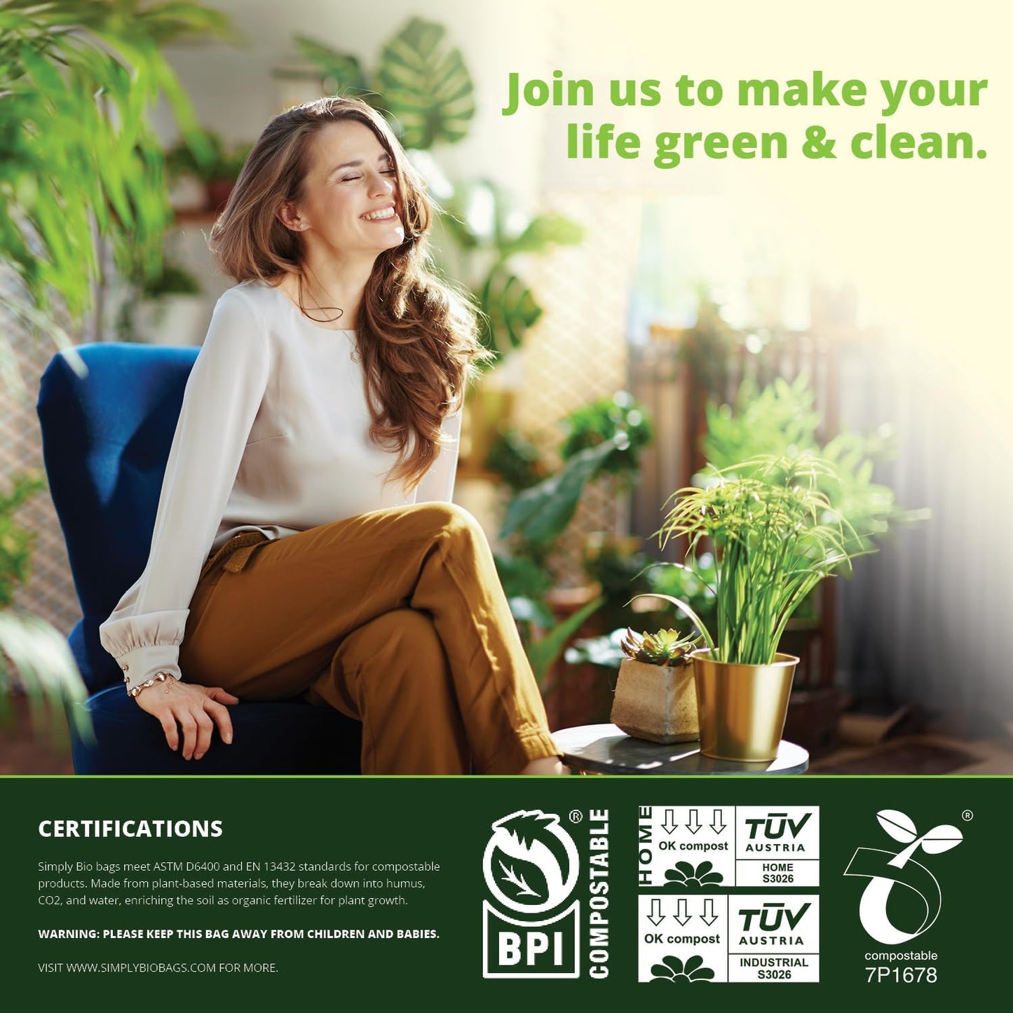 Simply Bio 60-65 Gallon Compostable Trash Bags Liners Flat-Top, Heavy Duty Extra Thick 2 Mil, 242.27 Liter, 12 Bags, Lawn, Yard, and Restaurant Use, ASTM D6400, US BPI, OK Compost Home Certified