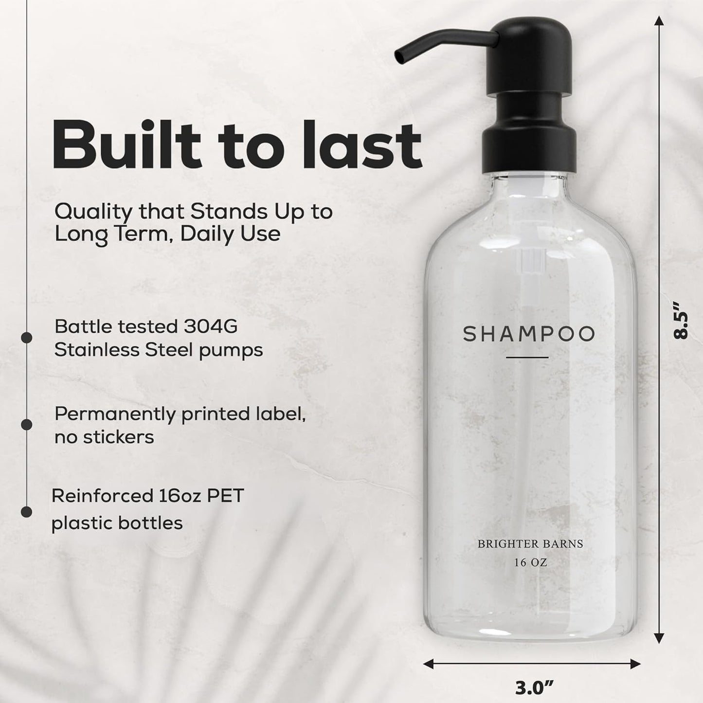 Clear Shampoo and Conditioner Dispenser Set by Brighter Barns - Body Wash, Shampoo Dispenser for Shower with Pump - Refillable Plastic Shower Bottles for Bathroom Decor in Home, Airbnb, Hotel (Clear)