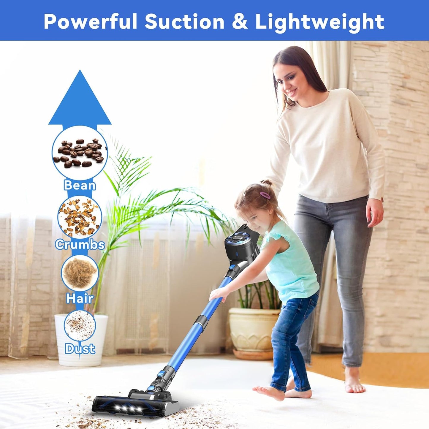 Cordless Vacuum Cleaner, 8-in-1 Lightweight Stick Vacuum with Powerful Suction, Self-Standing, 40 Mins Max Runtime, Rechargeable Vacuum Cleaners for Home, Hardwood Floor, Carpet, Pet Hair N3S