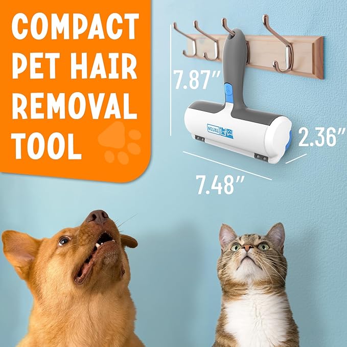 Triton Pet Hair Removal Tool w/Fur Trapping Compartment and Detachable Handle, 60% Smaller Storage Size, Reusable Shedding Roller, Cat and Dog Hair Remover for Car, Furniture, Carpet (Gray/White)