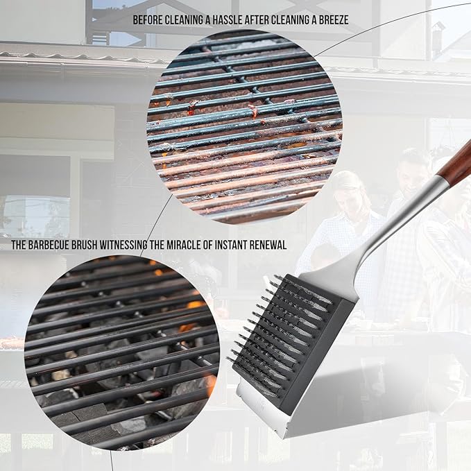 KULUNER Premium Grill Brush and Scraper - Solid Wood Handle, Scratch-Free Stainless Steel Bristles, Includes Replacement Brush Head - Features Bottle Opener, Compatible with All Grills